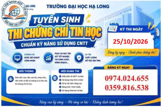 LỊCH THI CHỨNG CHỈ ỨNG DỤNG CNTT 25/10/2026