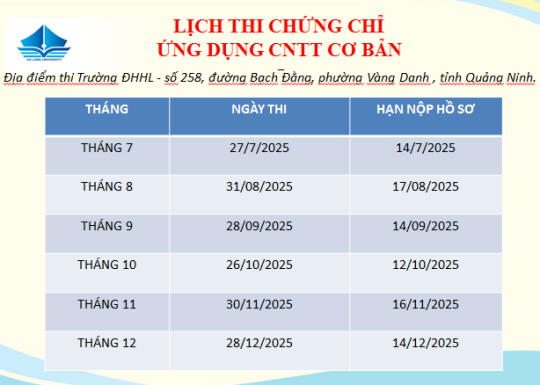 LỊCH THI CHỨNG CHỈ ỨNG DỤNG CNTT CƠ BẢN và HƯỚNG DẪN ĐĂNG KÝ
