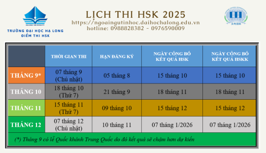 LỊCH THI CHỨNG CHỈ HSK TẠI ĐHHL NĂM 2025