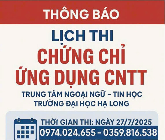 THÔNG BÁO LỊCH THI CHỨNG CHỈ ỨNG DỤNG CNTT 27/7/2025